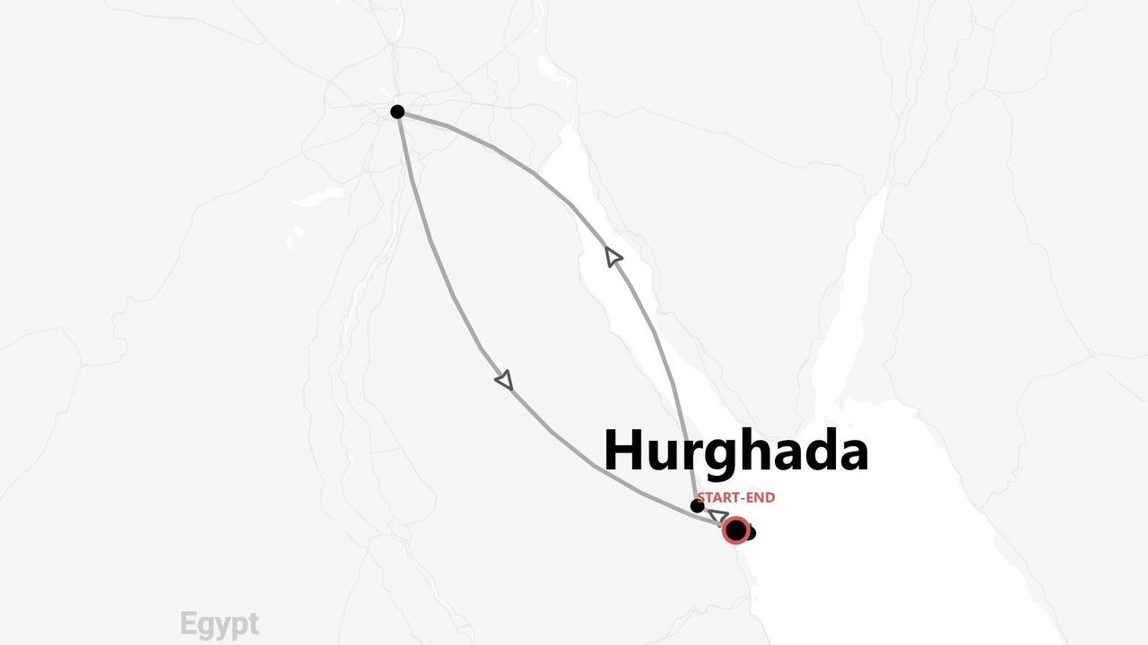Mappa di un itinerario turistico in Egitto, che mostra un percorso circolare con partenza e arrivo a Hurghada.