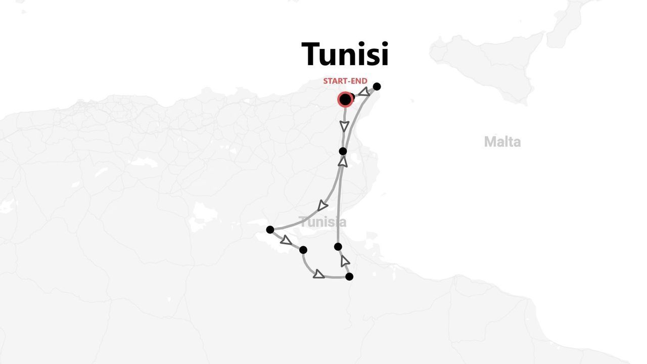 Mappa minimalista che mostra un itinerario di viaggio per un tour in Tunisia, con partenza e arrivo a Tunisi. Le isole di Malta e Sicilia sono visibili nelle vicinanze.