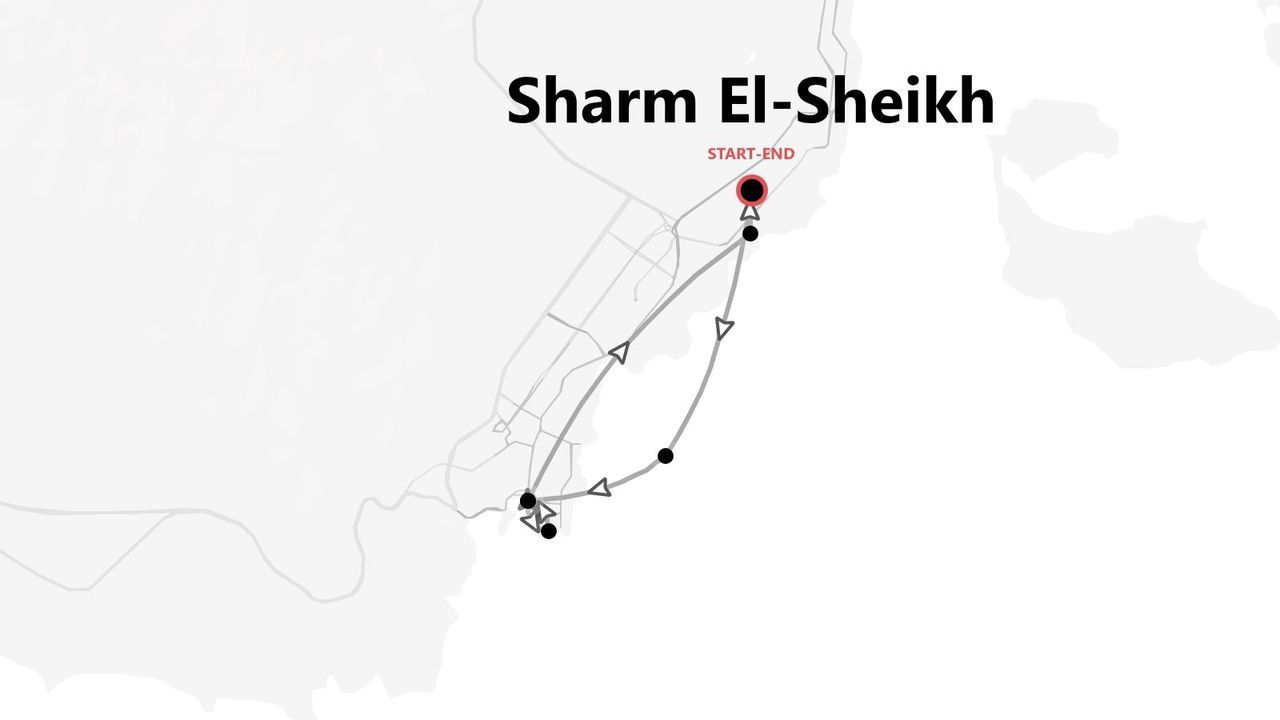 Mappa di un itinerario di viaggio di andata e ritorno a Sharm El-Sheikh, con punto di partenza e arrivo.