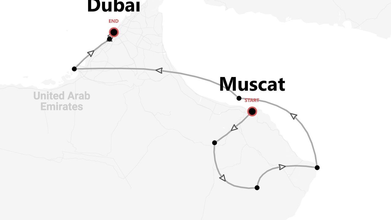 Una mappa stilizzata che mostra un itinerario di viaggio che inizia a Muscat e termina a Dubai, attraversando gli Emirati Arabi Uniti.