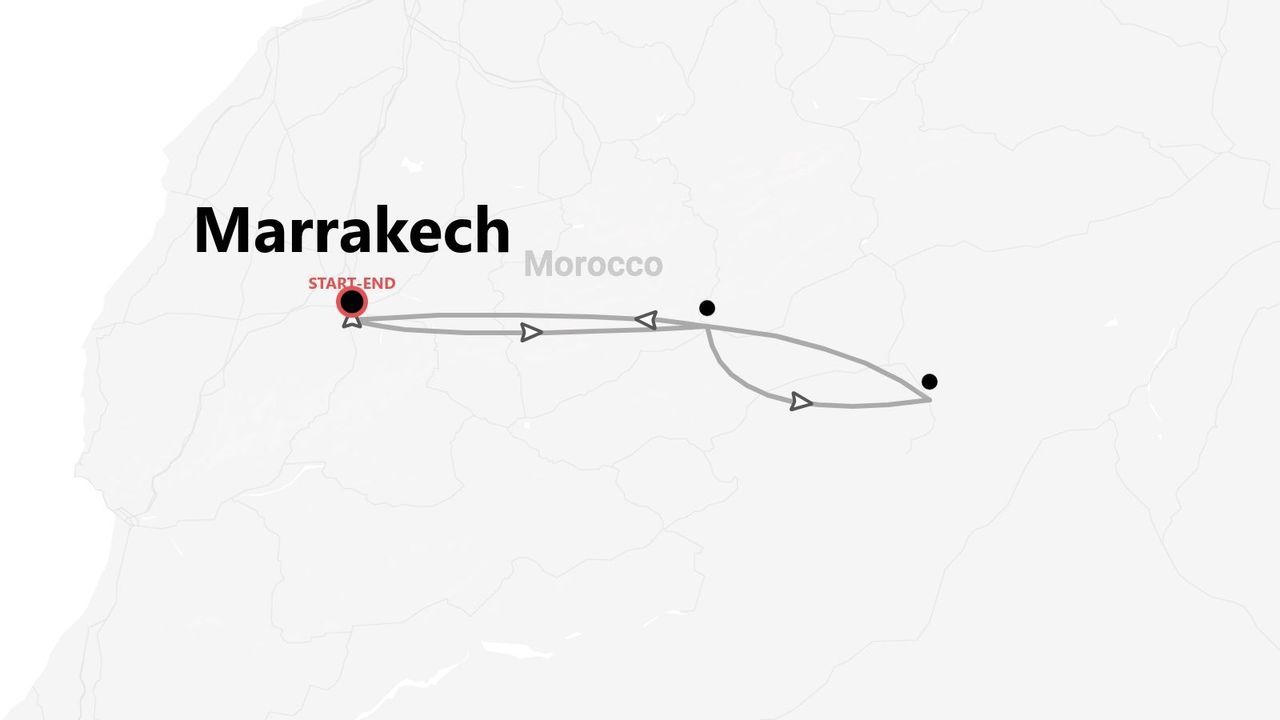 Mappa di un itinerario di viaggio circolare in Marocco con partenza e arrivo a Marrakech.