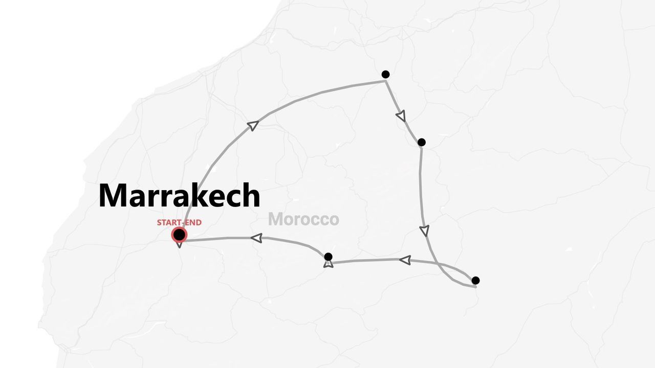 Una mappa stilizzata del Marocco che mostra un percorso turistico con partenza e arrivo a Marrakech.