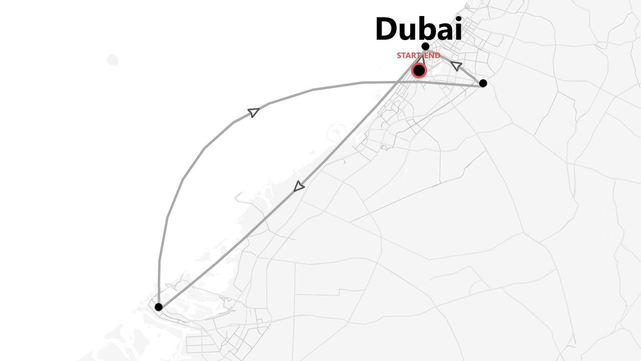 Una mappa stilizzata che mostra un itinerario di viaggio con inizio e fine nella città di Dubai.
