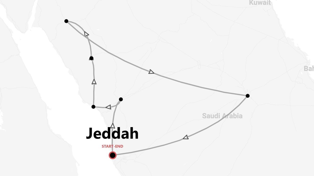 Mappa di un itinerario in Arabia Saudita, con partenza e arrivo a Gedda.