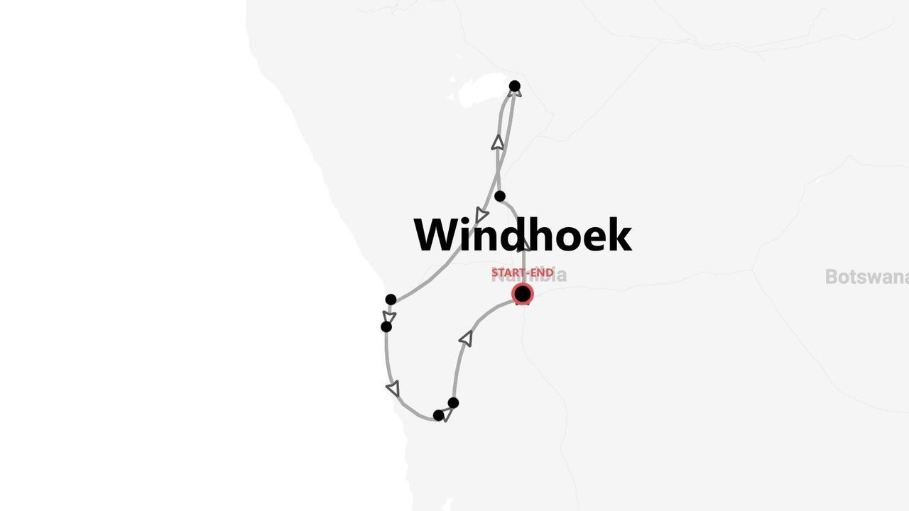 Una mappa della Namibia che mostra un percorso turistico ad anello, con inizio e fine nella capitale Windhoek.