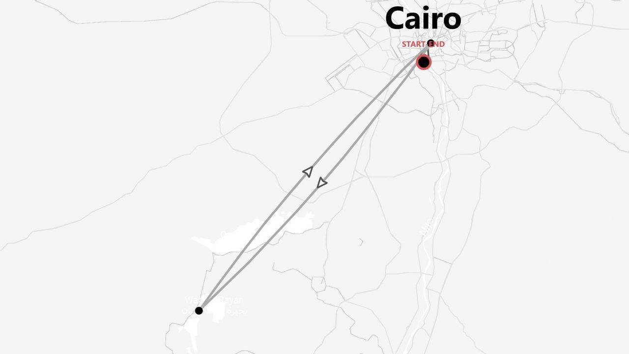 Una mappa che mostra un itinerario di andata e ritorno dal Cairo a Wadi Rayan.