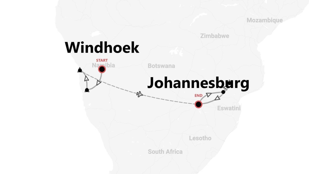 Mappa: itinerario di viaggio da Windhoek, Namibia a Johannesburg, Sudafrica.