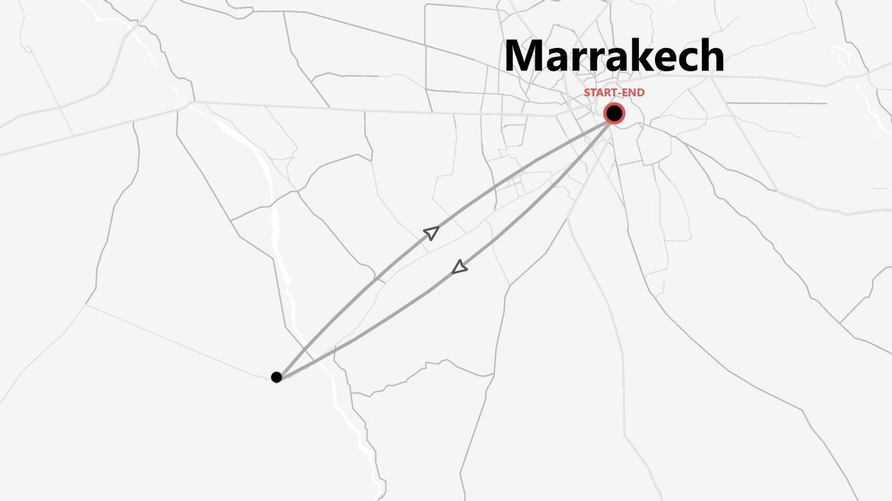 Mappa semplificata di un itinerario di viaggio circolare con partenza e arrivo a Marrakech.