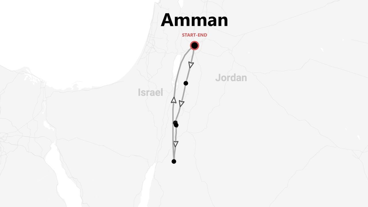 Mappa di un itinerario di viaggio in Giordania, con partenza e arrivo ad Amman.