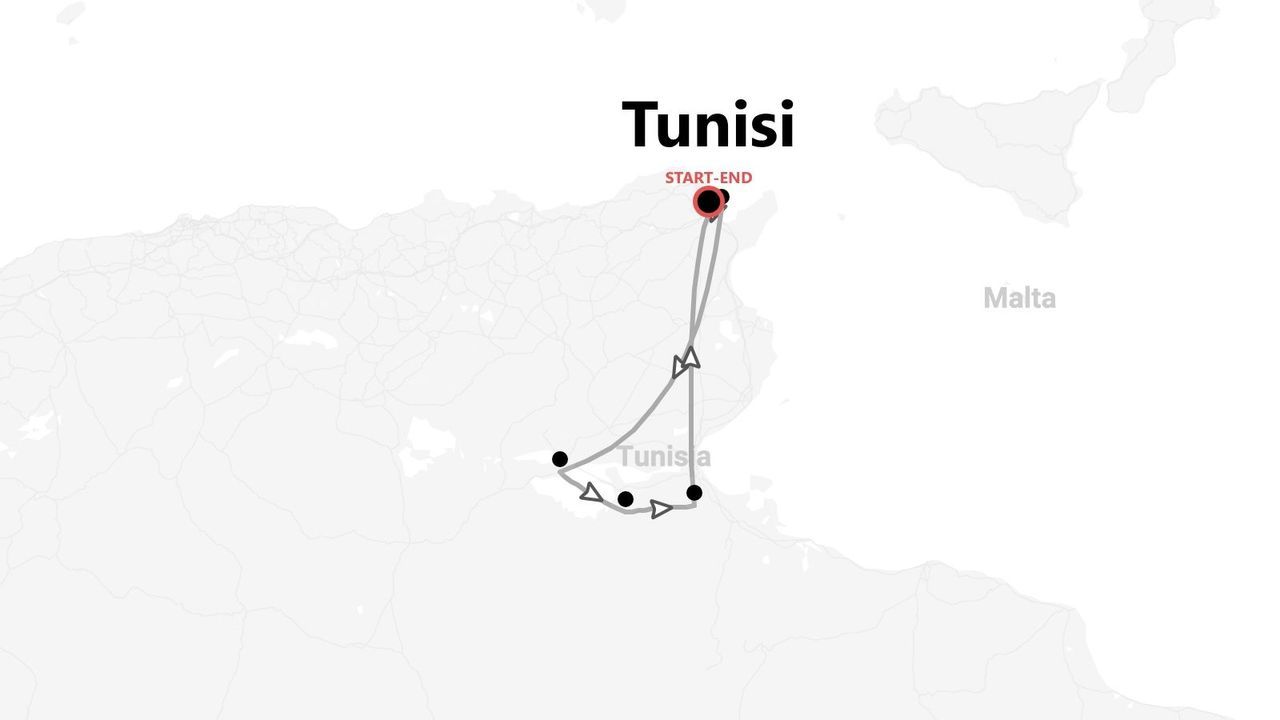 Mappa di un itinerario di viaggio in Tunisia, con partenza e arrivo a Tunisi e un percorso circolare verso sud.
