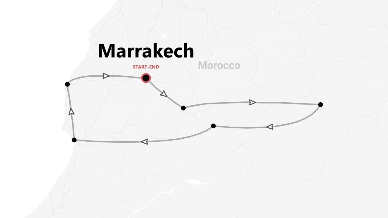 Une carte montrant un itinéraire de voyage au Maroc, avec un circuit circulaire commençant et se terminant à Marrakech.