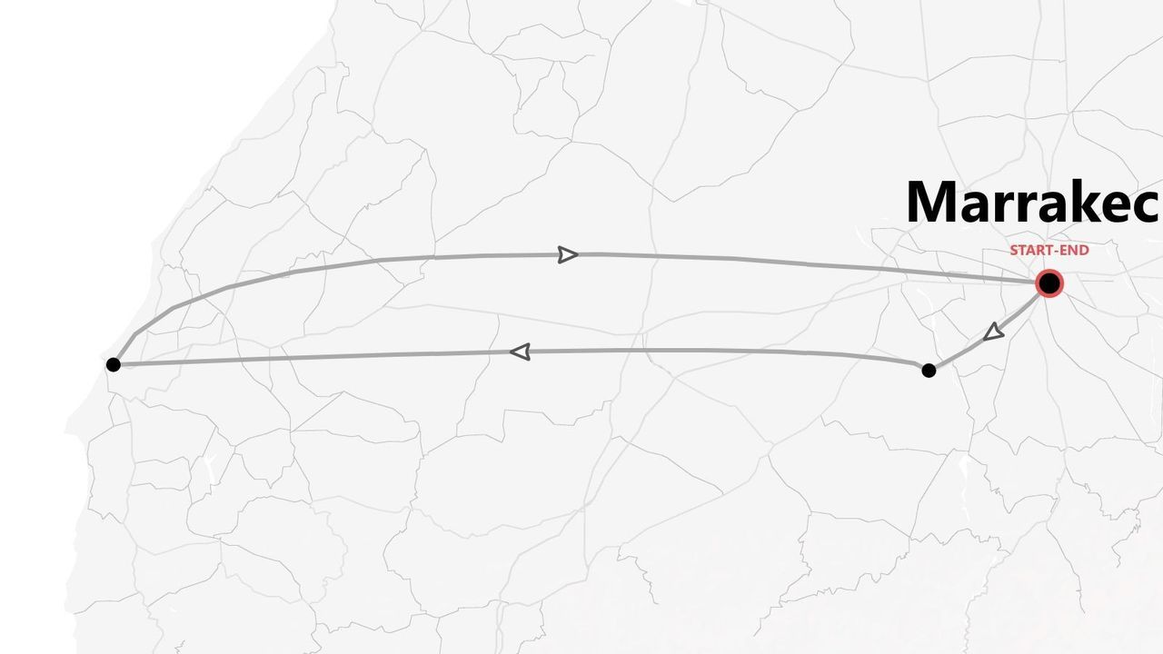 Une carte stylisée montrant un itinéraire de voyage circulaire commençant et se terminant à Marrakech.