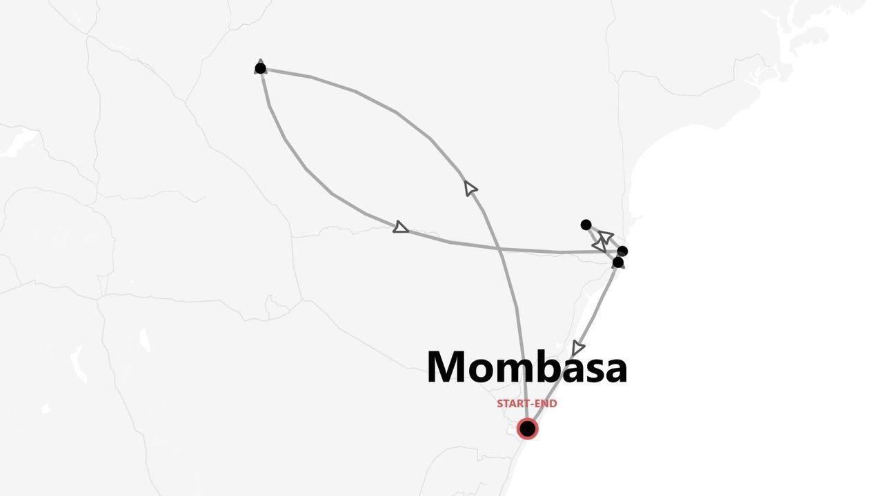 Una mappa stilizzata di un itinerario di viaggio con più tappe, con partenza e arrivo a Mombasa.
