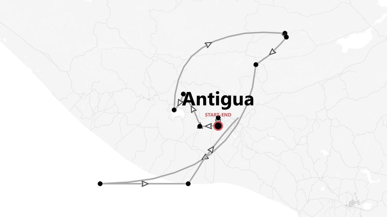 Stilisierte Karte einer Reiseroute mit mehreren Stopps, Beginn und Ende in Antigua, Guatemala.