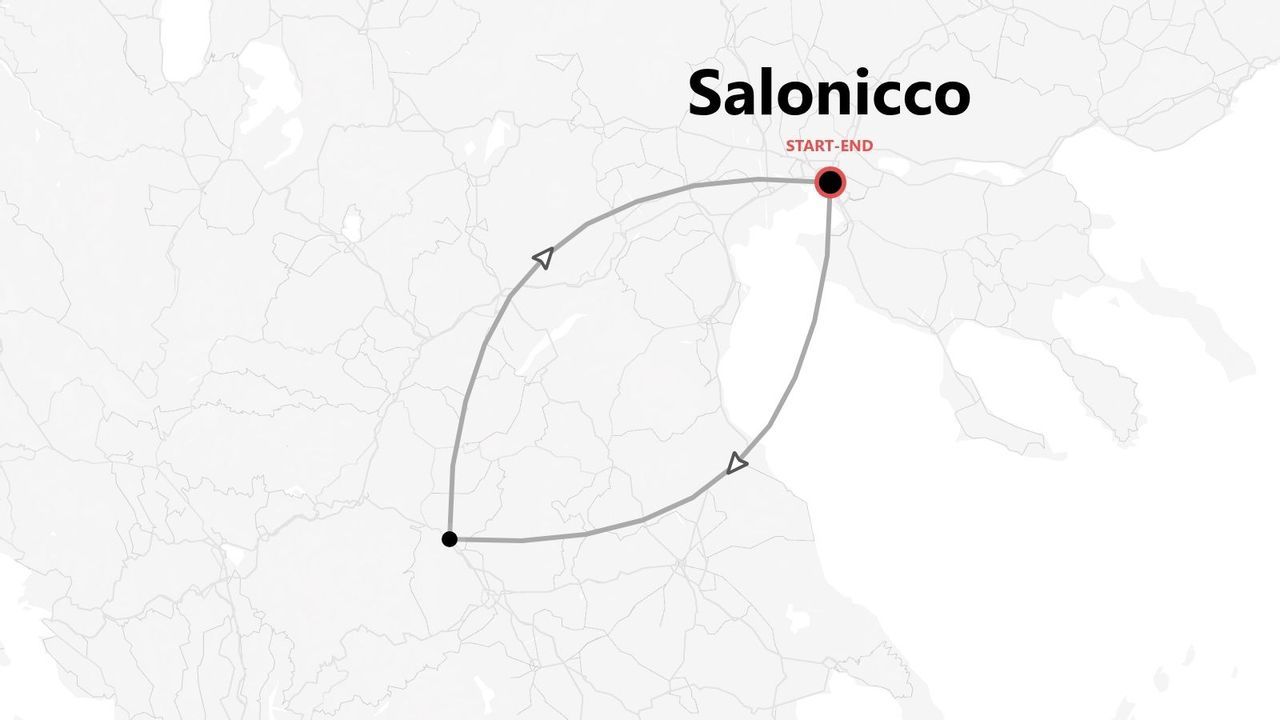 Una mappa stilizzata che mostra un itinerario circolare con partenza e arrivo a Salonicco.