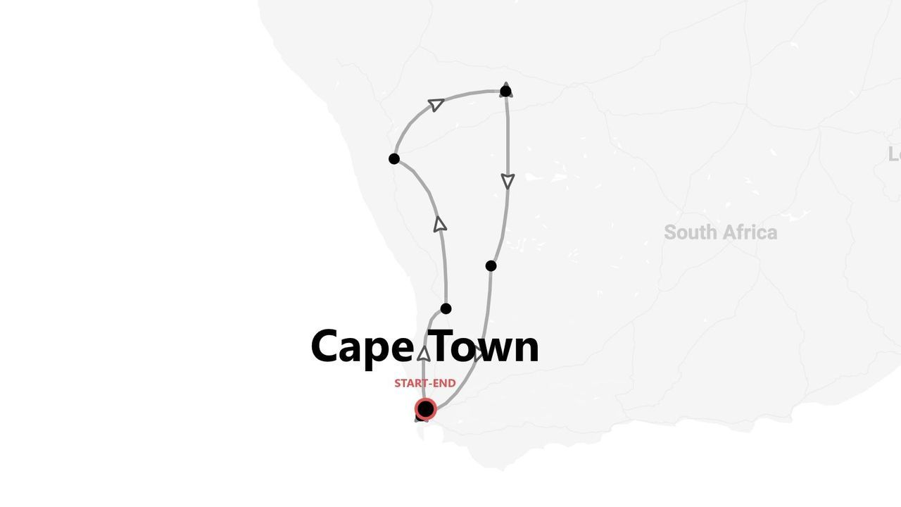 Mappa stilizzata di un itinerario di viaggio con partenza e arrivo a Città del Capo, Sudafrica, che compie un anello verso nord attraverso diverse tappe.