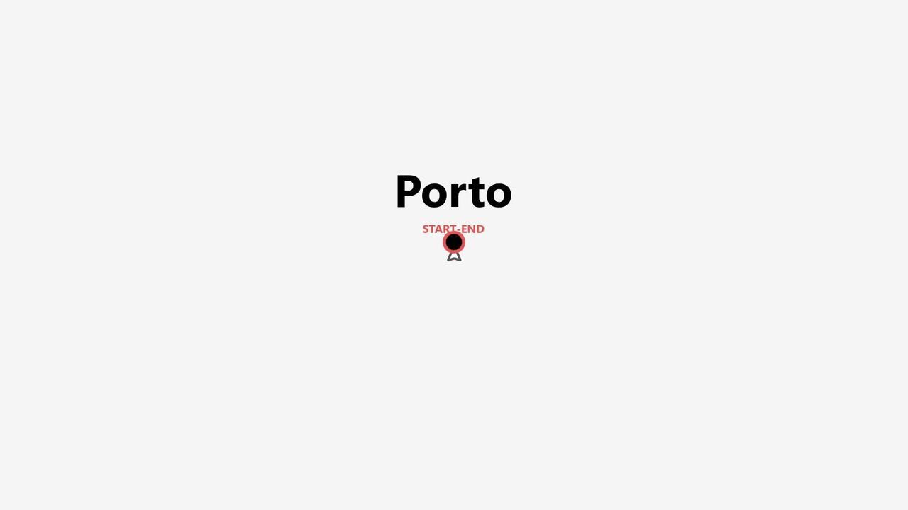 Una grafica minimalista che mostra la parola Porto sopra un'icona di localizzazione con la scritta 'START-END' su sfondo bianco.
