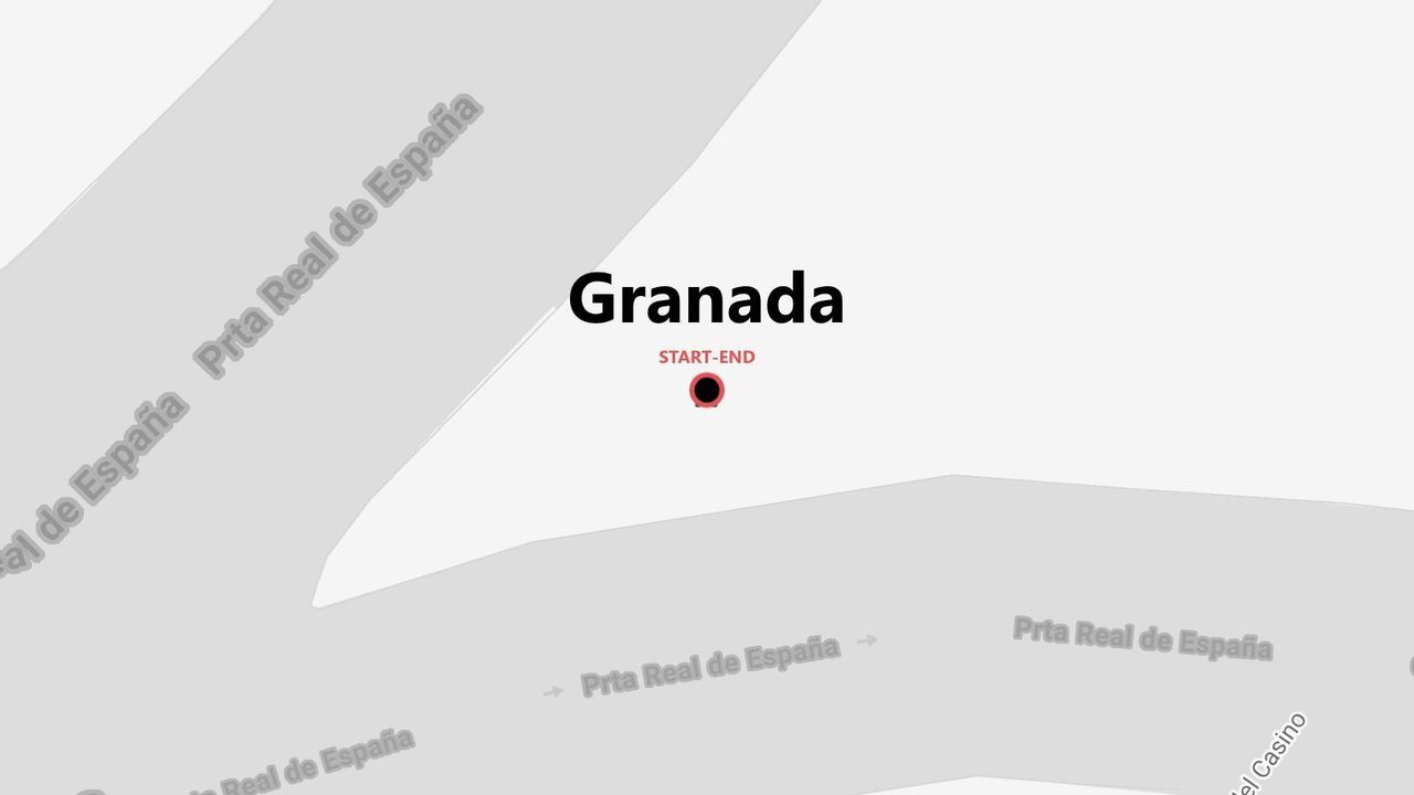 Un mapa simplificado de Granada, España, marcando un punto de inicio y fin para un viaje en la calle Puerta Real de España.