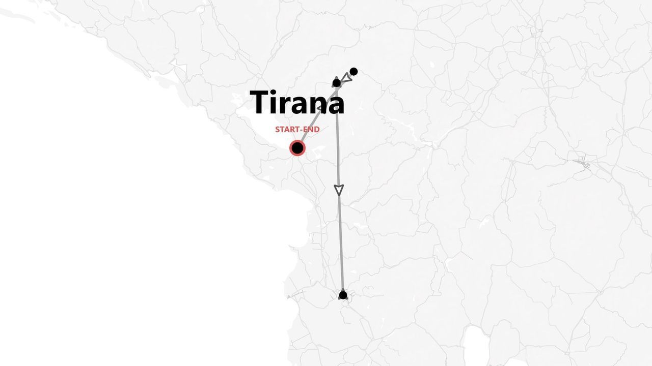 A map showing a travel itinerary with multiple stops, starting and ending in Tirana, Albania.