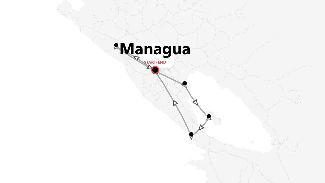 Una mappa stilizzata che raffigura un itinerario turistico circolare, con partenza e arrivo a Managua e diverse tappe intermedie.
