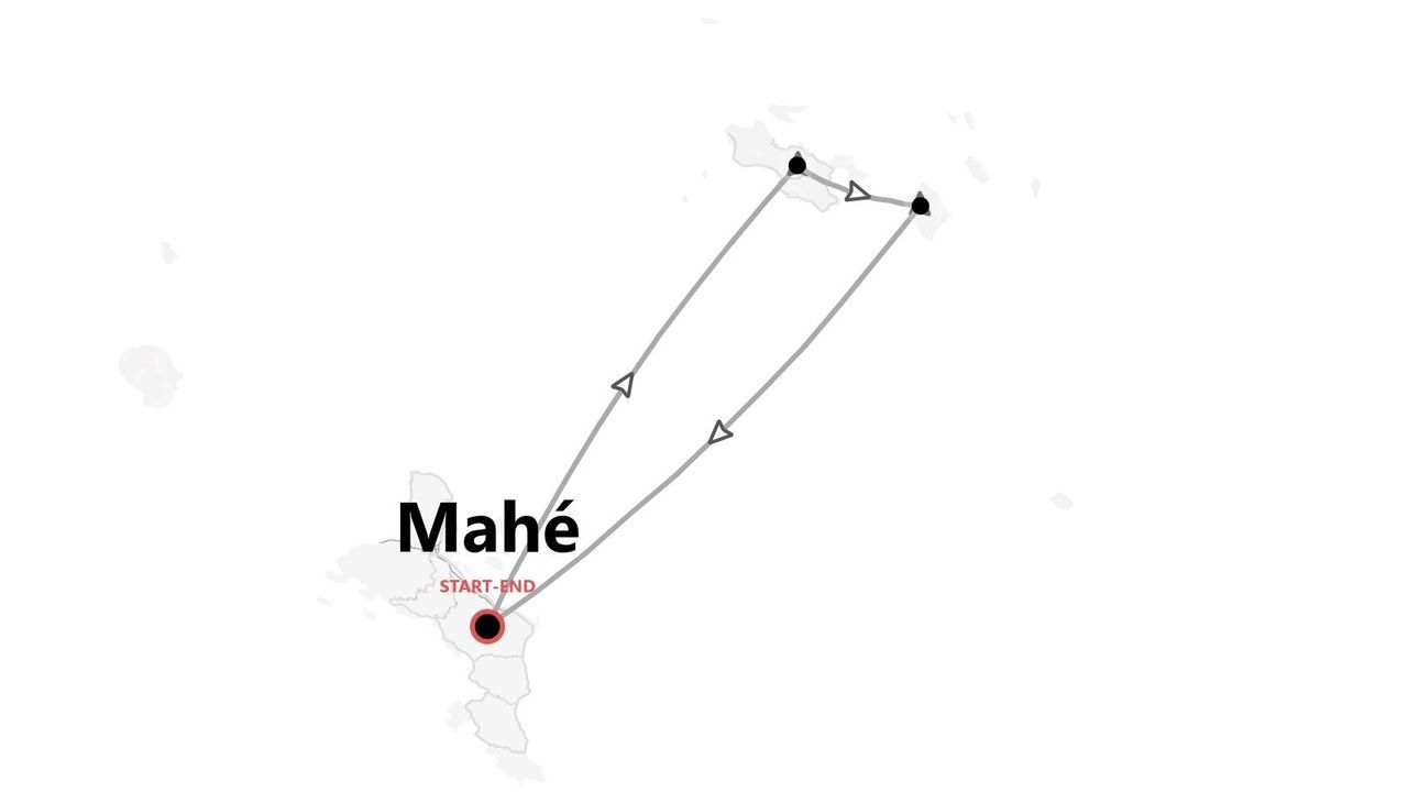 Mappa dell'itinerario di viaggio con partenza e arrivo sull'isola di Mahé.