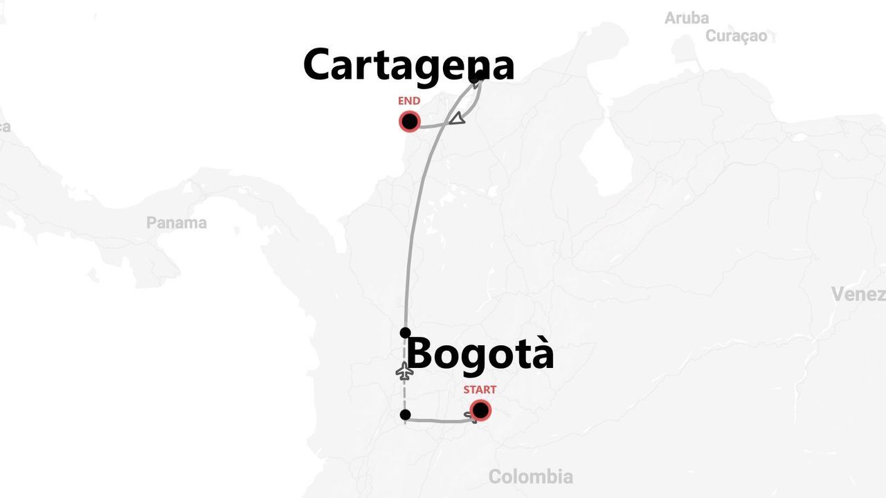 Mappa di un itinerario di viaggio in Colombia, con partenza da Bogotá e arrivo a Cartagena.