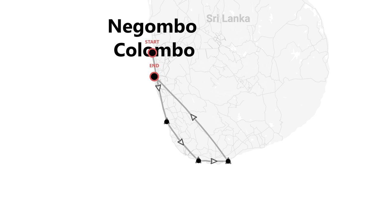 Mappa di un itinerario di viaggio in Sri Lanka, con punti di inizio e fine vicino a Colombo e Negombo.