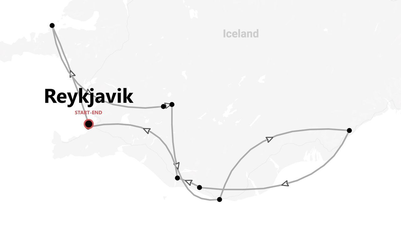 Carte d'un circuit en Islande, avec départ et arrivée à Reykjavik.