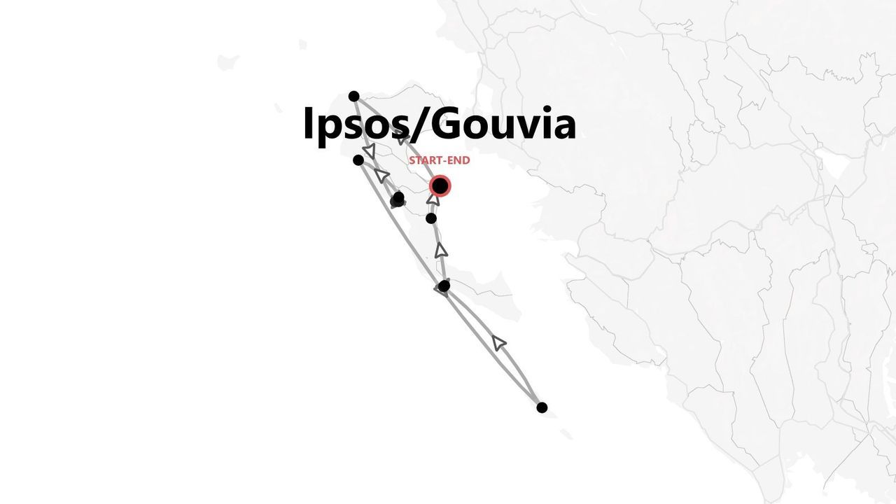 Mapa de un itinerario de viaje en Ipsos y Gouvia, mostrando una ruta circular con puntos de inicio y fin marcados.