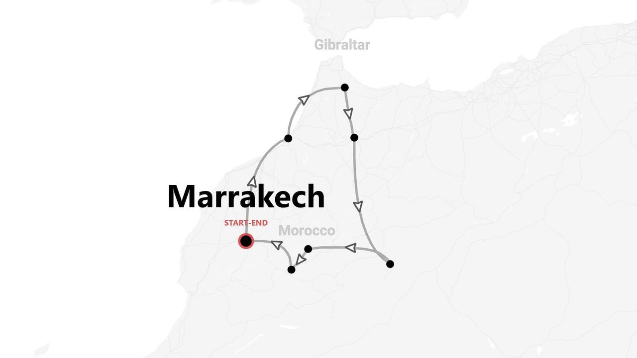 Un mapa minimalista que detalla un itinerario de viaje por Marruecos, con inicio y fin en Marrakech.