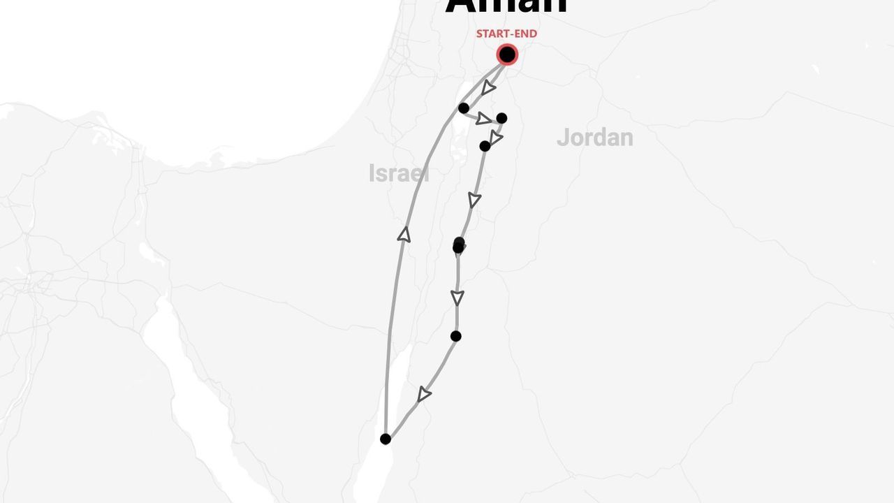 Itinerario de viaje por Israel y Jordania, comenzando y terminando en Amán.