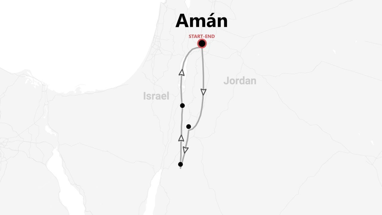 Un mapa de un itinerario de viaje en Jordania, comenzando y terminando en la ciudad de Amán.