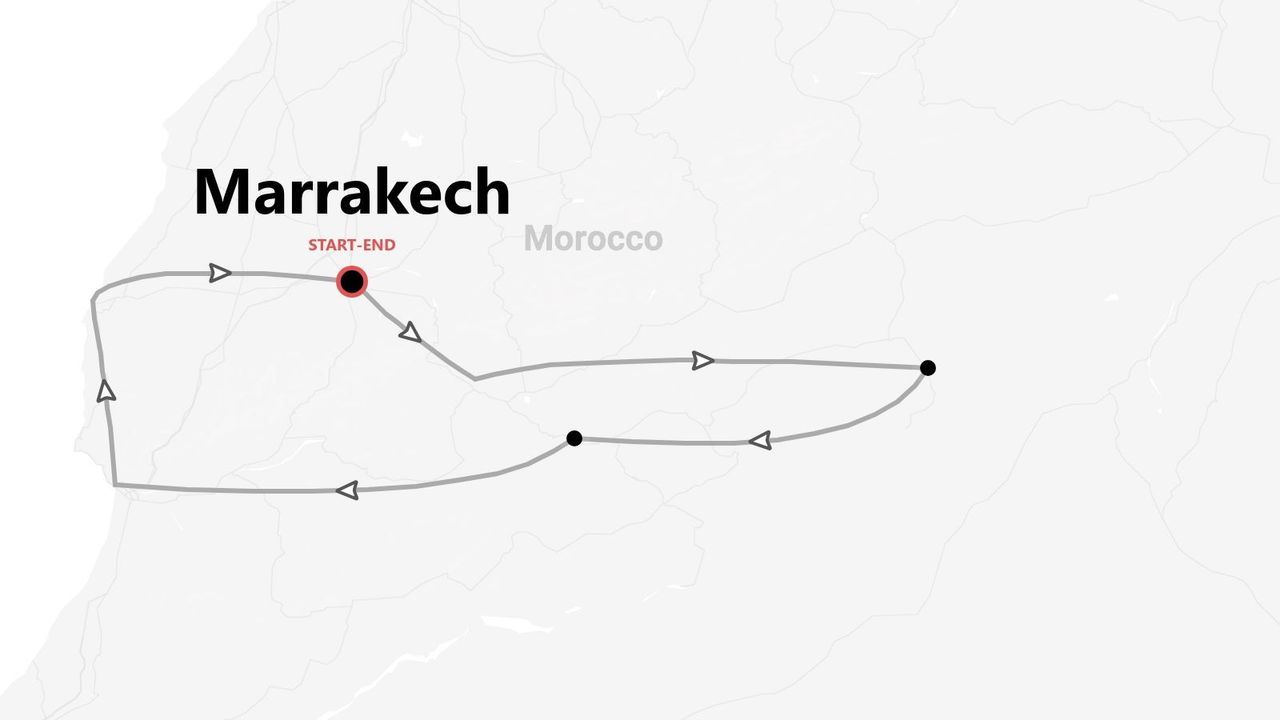 Mapa de un itinerario de viaje por Marruecos, con ruta que empieza y termina en Marrakech.