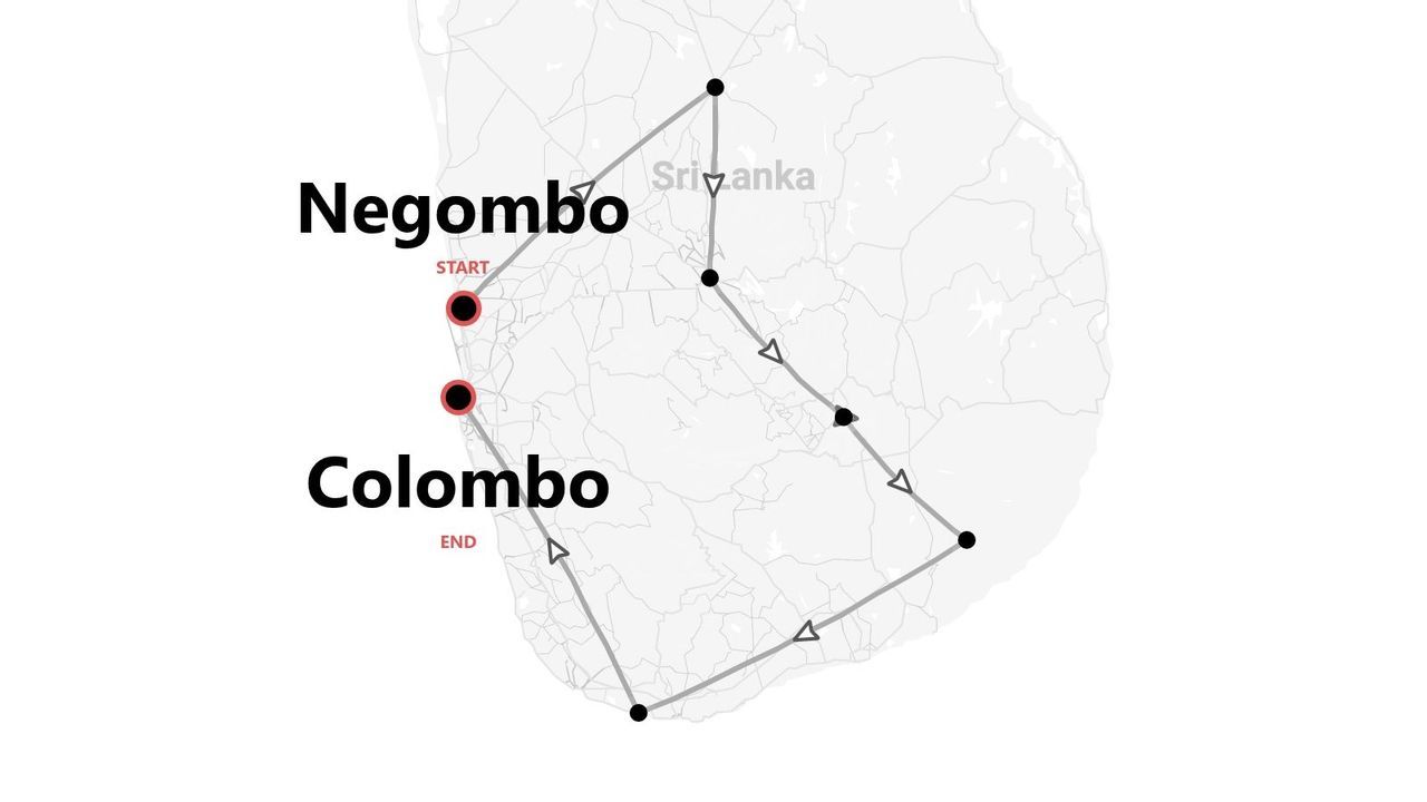 Itinerario di viaggio nello Sri Lanka, con partenza da Negombo e arrivo a Colombo.