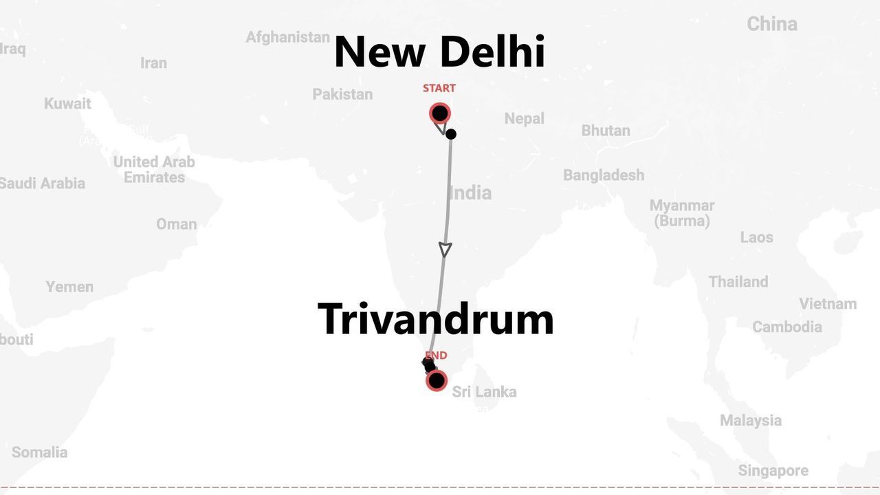 Una mappa dell'India che mostra un itinerario di viaggio con partenza da Nuova Delhi e arrivo a Trivandrum.