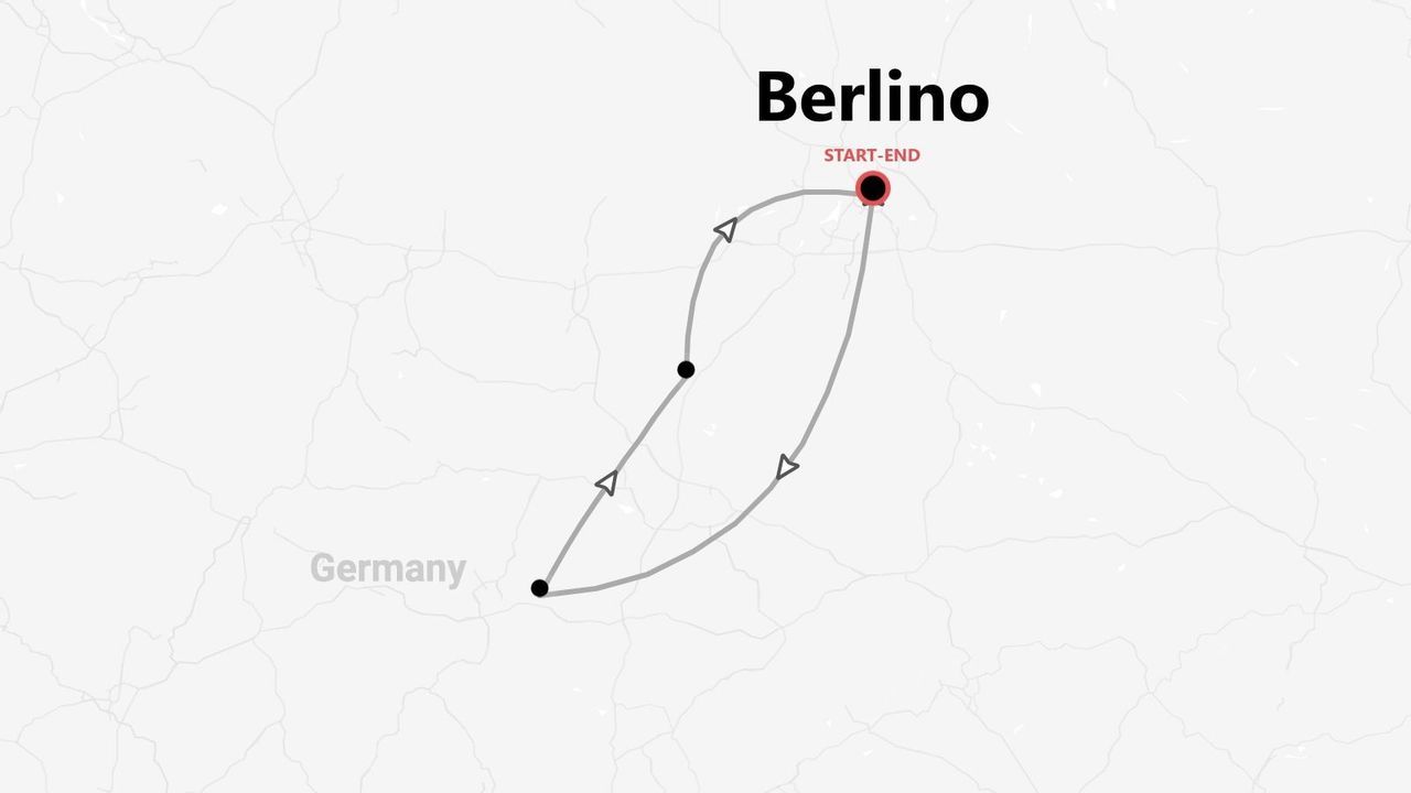 Una mappa che mostra un itinerario di viaggio circolare in Germania che inizia e finisce a Berlino.