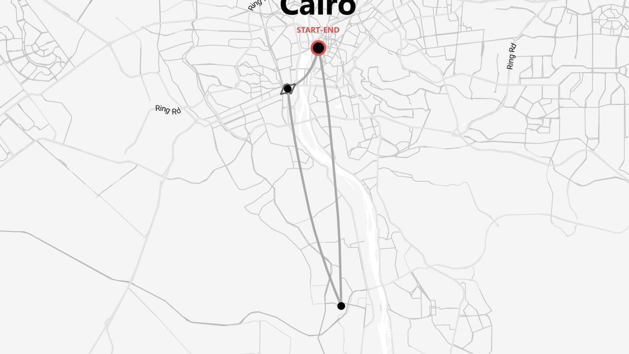 Una mappa stilizzata che illustra un itinerario di viaggio con i punti di partenza e arrivo evidenziati al Cairo.