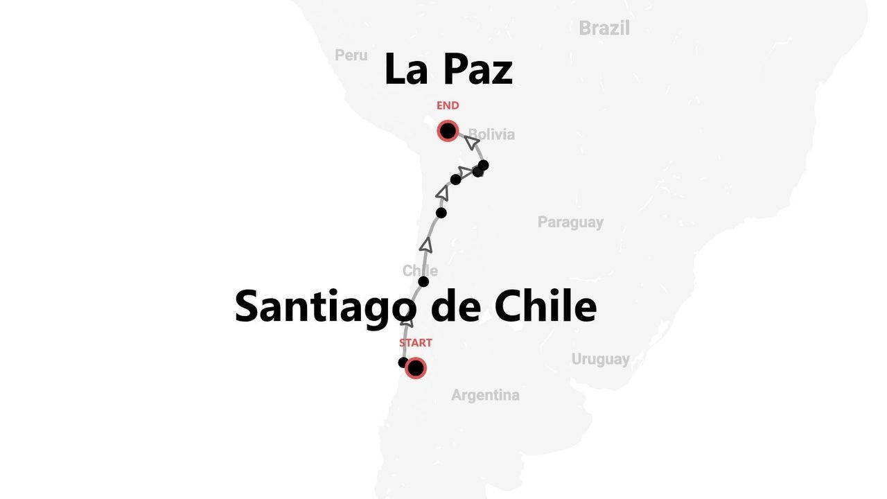 Un mapa que muestra una ruta de viaje desde Santiago de Chile hasta La Paz, Bolivia.