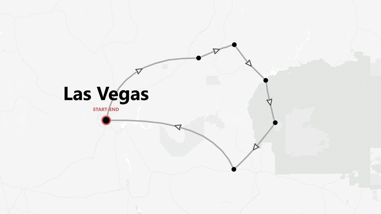 Mappa di un itinerario di viaggio circolare con partenza e arrivo a Las Vegas, indicato da un marcatore rosso.