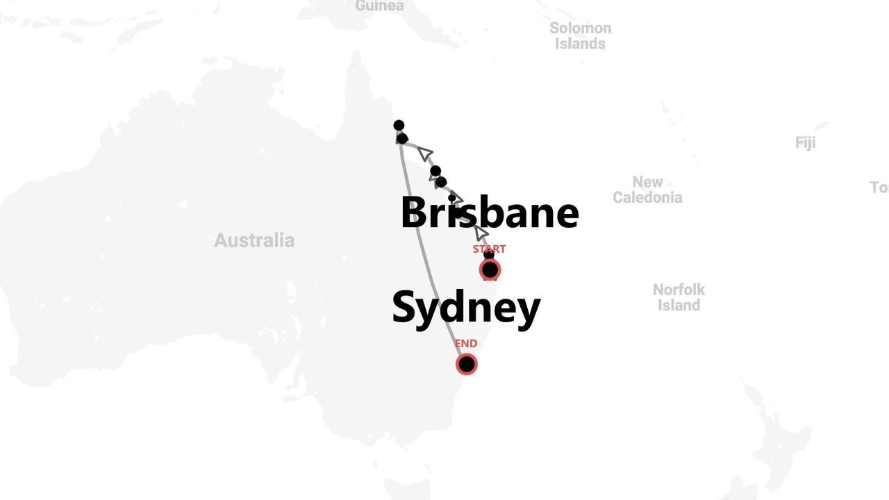 A map of Australia's east coast showing a travel itinerary that starts near Brisbane and ends in Sydney.
