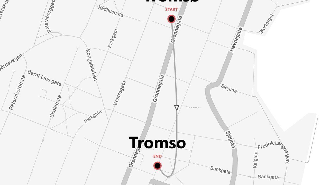 Mappa stradale di Tromsø che mostra un percorso lungo Grønnegata con punti di inizio e fine segnati.