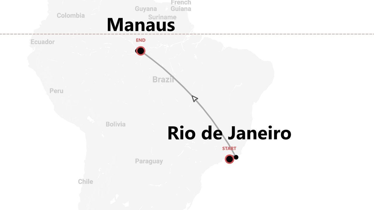 Una mappa che mostra un itinerario di viaggio in Brasile, partendo da Rio de Janeiro e terminando a Manaus.
