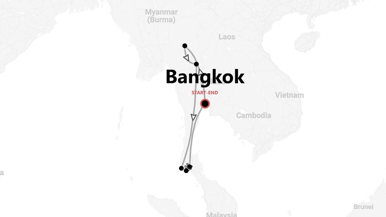 Eine Karte einer Rundreise durch Thailand, die in Bangkok beginnt und endet und sowohl den Norden als auch den Süden bereist.