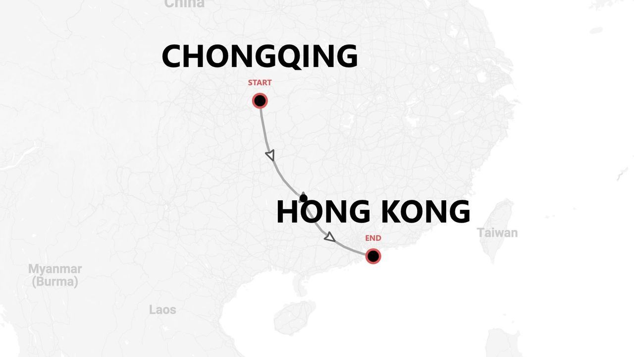 Una mappa che mostra un itinerario di viaggio con punto di partenza a Chongqing e punto di arrivo a Hong Kong, Cina.