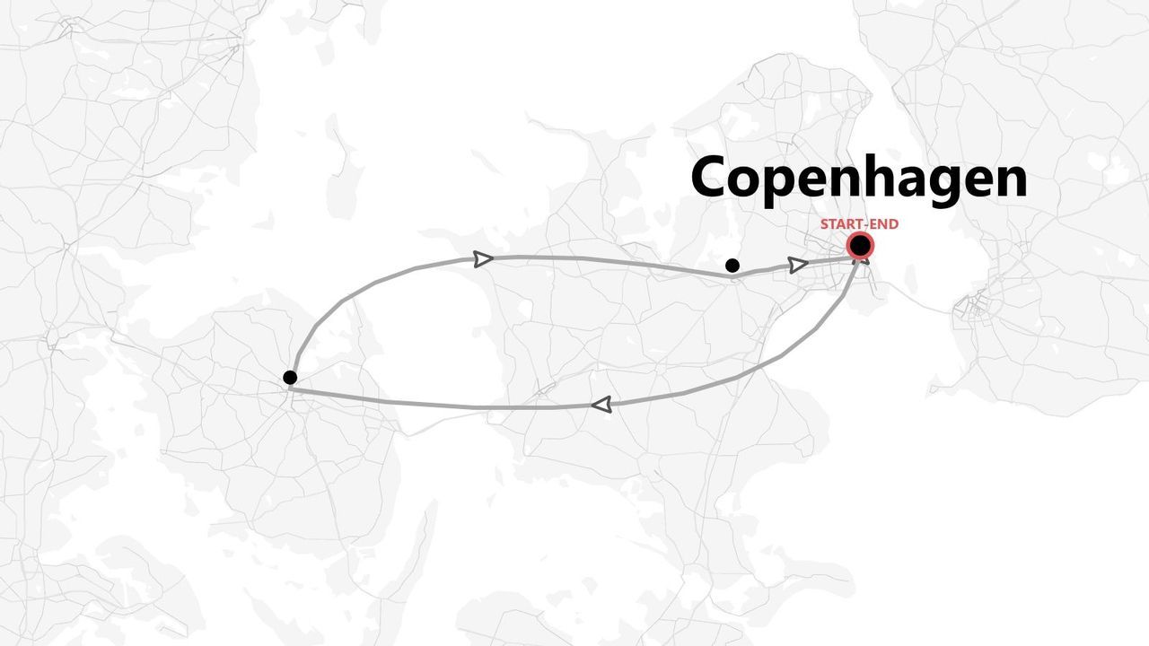 Mappa di un itinerario di viaggio circolare con Copenaghen come punto di partenza e arrivo.