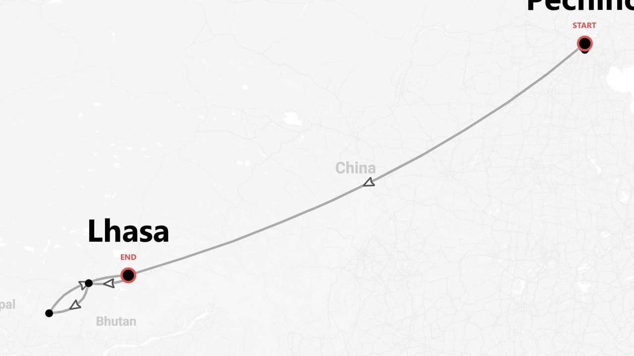 Mappa di un itinerario di viaggio che inizia a Pechino, attraversa la Cina e termina a Lhasa.