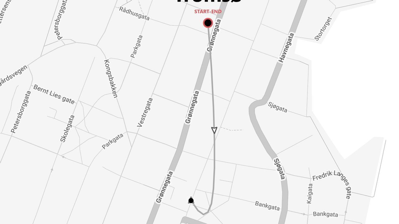 Mapa callejero en blanco y negro de Tromsø con una ruta planificada y puntos de inicio y fin marcados en Grønnegata.