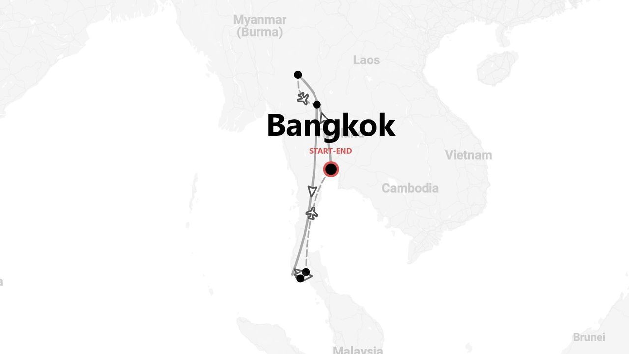 Itinéraire de voyage en Thaïlande : carte du parcours sud, départ et arrivée à Bangkok.