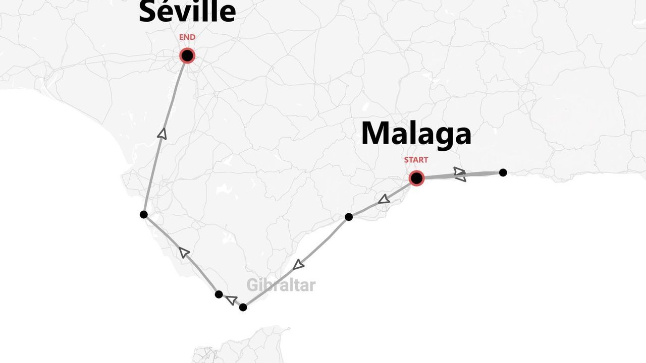 Carte d'itinéraire de voyage du sud de l'Espagne montrant un parcours qui commence à Malaga, passe près de Gibraltar et se termine à Séville.
