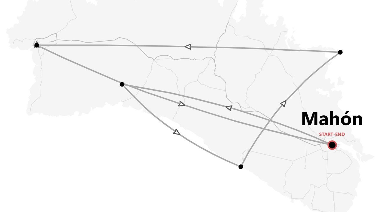Une carte illustrant un itinéraire de voyage avec plusieurs étapes, au départ et à l'arrivée de Mahón.